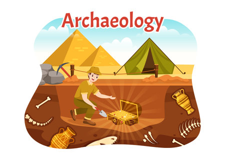 Archeology Illustration with Archaeological Excavation of ancient Ruins, Artifacts and Dinosaurs Fossil in Flat Cartoon Hand Drawn Templatesのイラスト素材