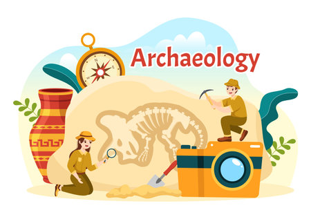 Archeology Illustration with Archaeological Excavation of ancient Ruins, Artifacts and Dinosaurs Fossil in Flat Cartoon Hand Drawn Templatesのイラスト素材