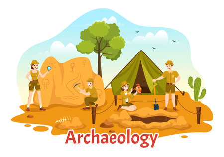 Archeology Illustration with Archaeological Excavation of ancient Ruins, Artifacts and Dinosaurs Fossil in Flat Cartoon Hand Drawn Templatesのイラスト素材