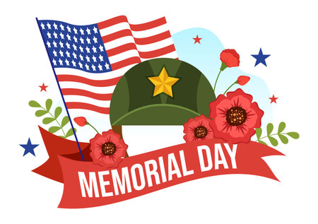 Memorial Day Illustration with American Flag, Remember and Honor to Meritorious Soldier in Flat Cartoon Hand Drawn for Landing Page Templatesのイラスト素材