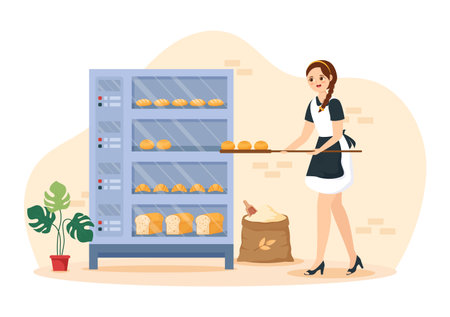Bread Mill Illustration with Wheat Sacks, Various Breads and Windmill for Web Banner or Landing Page in Flat Cartoon Hand Drawn Templatesのイラスト素材