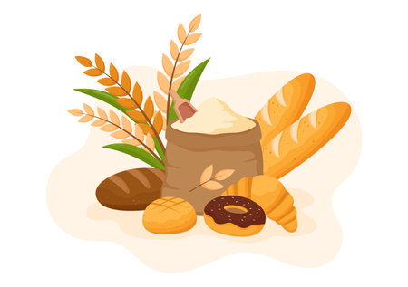 Bread Mill Illustration with Wheat Sacks, Various Breads and Windmill for Web Banner or Landing Page in Flat Cartoon Hand Drawn Templatesのイラスト素材