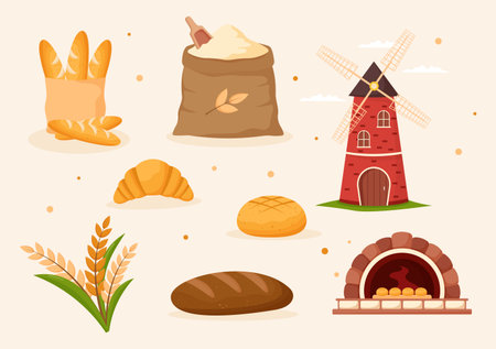Bread Mill Illustration with Wheat Sacks, Various Breads and Windmill for Web Banner or Landing Page in Flat Cartoon Hand Drawn Templatesのイラスト素材