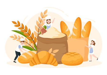 Bread Mill Illustration with Wheat Sacks, Various Breads and Windmill for Web Banner or Landing Page in Flat Cartoon Hand Drawn Templatesのイラスト素材