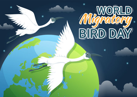World Migratory Bird Day on May 8 Illustration with Birds Migrations Groups in Flat Cartoon Hand Drawn for Landing Page Templatesのイラスト素材