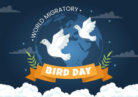 World Migratory Bird Day on May 8 Illustration with Birds Migrations Groups in Flat Cartoon Hand Drawn for Landing Page Templatesのイラスト素材