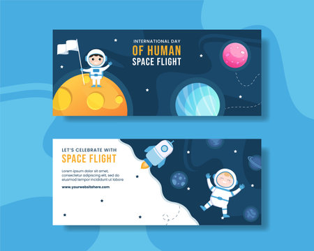International Human Space Flight Day Horizontal Banner Flat Cartoon Hand Drawn Templates Background Illustrationのイラスト素材