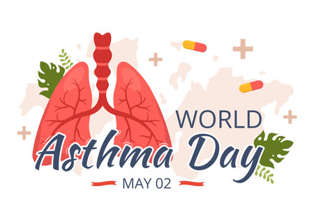 World Asthma Day on May 2 Illustration with Inhaler and Health Prevention Lungs in Flat Cartoon Hand Drawn for Web Banner or Landing Page Templatesのイラスト素材