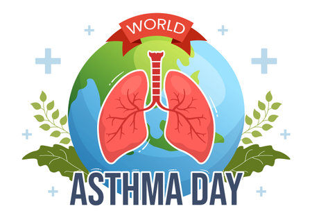 World Asthma Day on May 2 Illustration with Inhaler and Health Prevention Lungs in Flat Cartoon Hand Drawn for Web Banner or Landing Page Templatesのイラスト素材