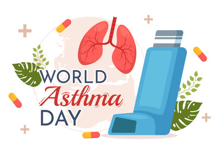 World Asthma Day on May 2 Illustration with Inhaler and Health Prevention Lungs in Flat Cartoon Hand Drawn for Web Banner or Landing Page Templatesのイラスト素材