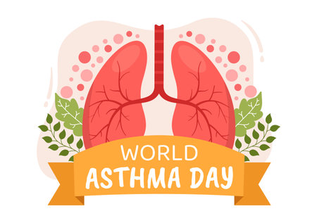 World Asthma Day on May 2 Illustration with Inhaler and Health Prevention Lungs in Flat Cartoon Hand Drawn for Web Banner or Landing Page Templatesのイラスト素材