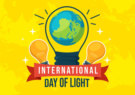 International Day of Light on May 16 Illustration to the Importance Use of Lamp in Flat Cartoon Hand Drawn for Banner or Landing Page Templatesのイラスト素材