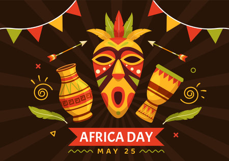 Happy Africa Day on 25 May Illustration with Culture African Tribal Figures in Flat Cartoon Hand Drawn for Web Banner or Landing Page Templatesのイラスト素材