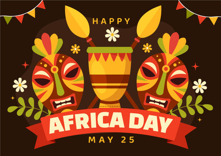 Happy Africa Day on 25 May Illustration with Culture African Tribal Figures in Flat Cartoon Hand Drawn for Web Banner or Landing Page Templatesのイラスト素材