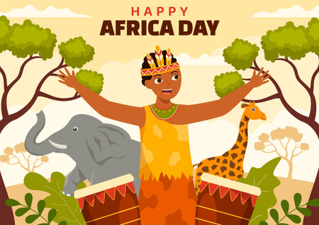 Happy Africa Day on 25 May Illustration with Culture African Tribal Figures in Flat Cartoon Hand Drawn for Web Banner or Landing Page Templatesのイラスト素材