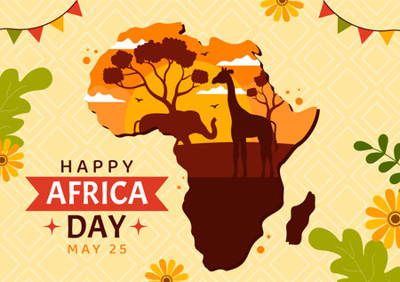 Happy Africa Day on 25 May Illustration with Culture African Tribal Figures in Flat Cartoon Hand Drawn for Web Banner or Landing Page Templatesのイラスト素材
