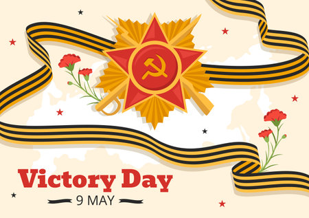 Russian Victory Day on May 9 Illustration with Medal Star Of The Hero and Great Patriotic War in Flat Cartoon Hand Drawn for Landing Page Templatesのイラスト素材
