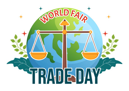 World Fair Trade Day Illustration with Scales Digitally, Climate Justice and Planet Economic in Flat Cartoon Hand Drawn for Landing Page Templatesのイラスト素材