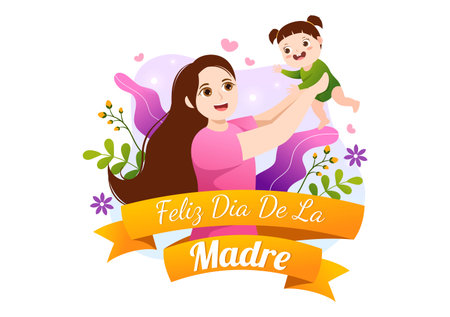 Feliz DÃ­a De La Madre Illustration with Celebrating Happy Mother Day and Cute Kids in Flat Cartoon Hand Drawn for Web Banner or Landing Page Templatesのイラスト素材