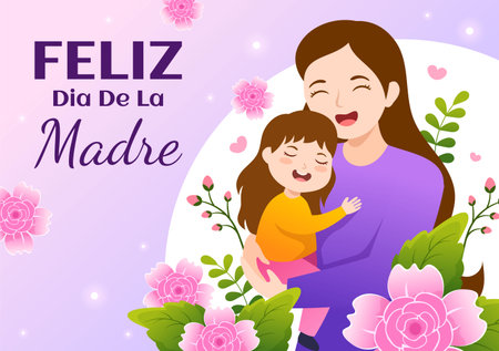 Feliz DÃ­a De La Madre Illustration with Celebrating Happy Mother Day and Cute Kids in Flat Cartoon Hand Drawn for Web Banner or Landing Page Templatesのイラスト素材