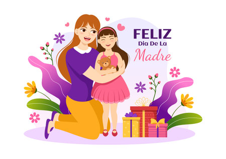 Feliz DÃ­a De La Madre Illustration with Celebrating Happy Mother Day and Cute Kids in Flat Cartoon Hand Drawn for Web Banner or Landing Page Templatesのイラスト素材