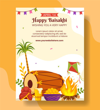 Happy Baisakhi Vertical Poster Cartoon Hand Drawn Templates Background Illustrationのイラスト素材