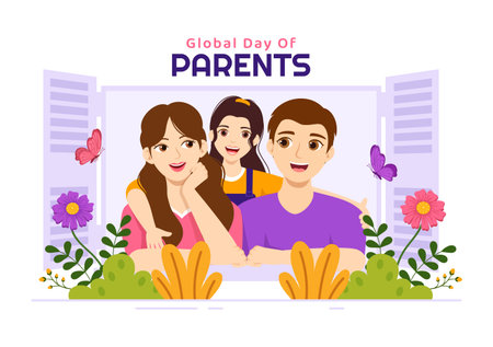 Global Day of Parents Illustration with Importance of Being a Parenthood and its Role in Kids in Flat Cartoon Hand Drawn for Landing Page Templateのイラスト素材