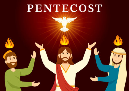 Pentecost Sunday Illustration with Flame and Holy Spirit Dove in Catholics or Christians Religious Culture Holiday Flat Cartoon Hand Drawn Templatesのイラスト素材