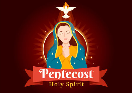 Pentecost Sunday Illustration with Flame and Holy Spirit Dove in Catholics or Christians Religious Culture Holiday Flat Cartoon Hand Drawn Templatesのイラスト素材