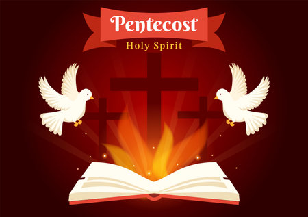 Pentecost Sunday Illustration with Flame and Holy Spirit Dove in Catholics or Christians Religious Culture Holiday Flat Cartoon Hand Drawn Templatesのイラスト素材