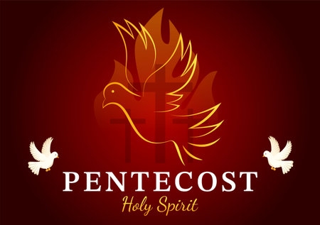 Pentecost Sunday Illustration with Flame and Holy Spirit Dove in Catholics or Christians Religious Culture Holiday Flat Cartoon Hand Drawn Templatesのイラスト素材
