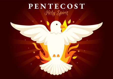 Pentecost Sunday Illustration with Flame and Holy Spirit Dove in Catholics or Christians Religious Culture Holiday Flat Cartoon Hand Drawn Templatesのイラスト素材