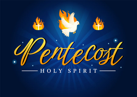 Pentecost Sunday Illustration with Flame and Holy Spirit Dove in Catholics or Christians Religious Culture Holiday Flat Cartoon Hand Drawn Templatesのイラスト素材