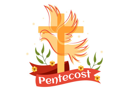Pentecost Sunday Illustration with Flame and Holy Spirit Dove in Catholics or Christians Religious Culture Holiday Flat Cartoon Hand Drawn Templatesのイラスト素材