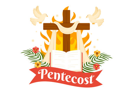 Pentecost Sunday Illustration with Flame and Holy Spirit Dove in Catholics or Christians Religious Culture Holiday Flat Cartoon Hand Drawn Templatesのイラスト素材