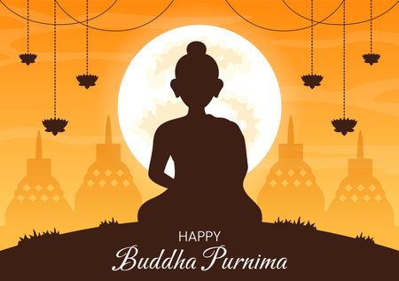 Happy Buddha Purnima Illustration with Vesak Day or Indian Festival to Spiritual in Flat Cartoon Hand Drawn for Web Banner or Landing Page Templatesのイラスト素材