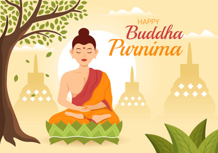 Happy Buddha Purnima Illustration with Vesak Day or Indian Festival to Spiritual in Flat Cartoon Hand Drawn for Web Banner or Landing Page Templatesのイラスト素材