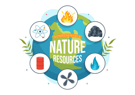 Non Renewable Sources of Energy Illustration with Nuclear, Petroleum, Oil, Natural Gas or Coal Fuels in Flat Cartoon Hand Drawn Templatesのイラスト素材