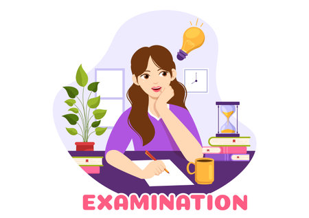 Examination Paper Illustration with Online Exam, Form, Papers Answers, Survey or Internet Quiz in Flat Cartoon Hand Drawn for Landing Page Templatesのイラスト素材
