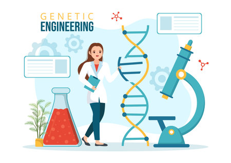 Genetic Engineering and DNA Modifications Illustration with Genetics Research or Experiment Scientists in Flat Cartoon Hand Drawn Templatesのイラスト素材