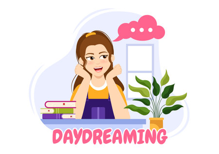 People Daydreaming Illustration with Imagining and Fantasizing in Bubble for Landing Page or Poster Templates in Flat Cartoon Hand Drawnのイラスト素材