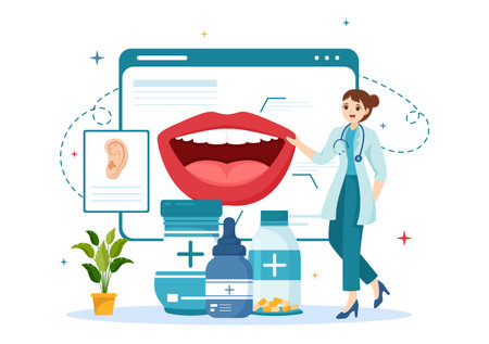 Otorhinolaryngologist Illustration with Medical Relating to the Ear, Nose and Throat in Healthcare Flat Cartoon Hand Drawn Landing Page Templatesのイラスト素材