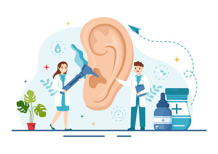 Otorhinolaryngologist Illustration with Medical Relating to the Ear, Nose and Throat in Healthcare Flat Cartoon Hand Drawn Landing Page Templatesのイラスト素材