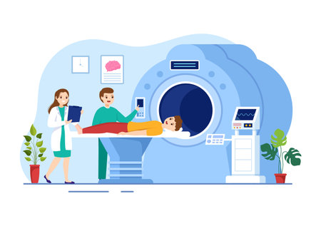 MRI or Magnetic Resonance Imaging Illustration with Doctor and Patient on Medical Examination and CT scan in Flat Cartoon Hand Drawn Templatesのイラスト素材