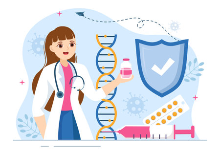 Immunology Illustration with People Immune Protection System Helping to Get Rid of Infections and Harmful Bacteria in Cartoon Hand Drawn Templatesのイラスト素材