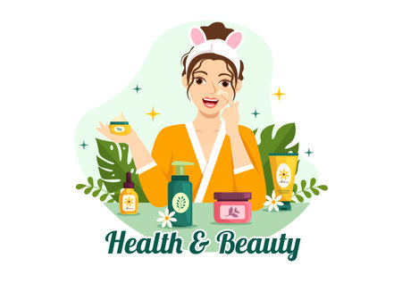 Beauty and Health Illustration with Natural Cosmetics and Eco Products for Problematic Skin or Treatment Face in Women Cartoon Hand Drawn Templatesのイラスト素材