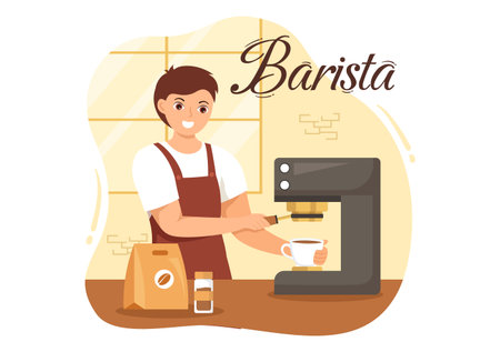 Barista Illustration With Wearing Standing Apron Making Coffee for Customer in Flat Cartoon Hand Drawn Landing Page or Web Banner Templateのイラスト素材