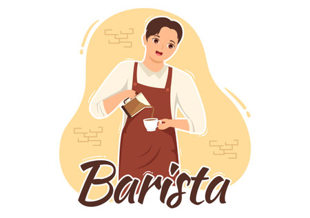 Barista Illustration With Wearing Standing Apron Making Coffee for Customer in Flat Cartoon Hand Drawn Landing Page or Web Banner Templateのイラスト素材