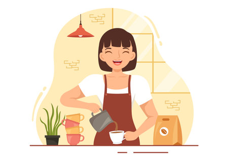 Barista Illustration With Wearing Standing Apron Making Coffee for Customer in Flat Cartoon Hand Drawn Landing Page or Web Banner Templateのイラスト素材