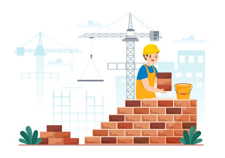 Bricklayer Worker Illustration with People Construction and Laying Bricks for Building a Wall in Flat Cartoon Hand Drawn Landing Page Templatesのイラスト素材